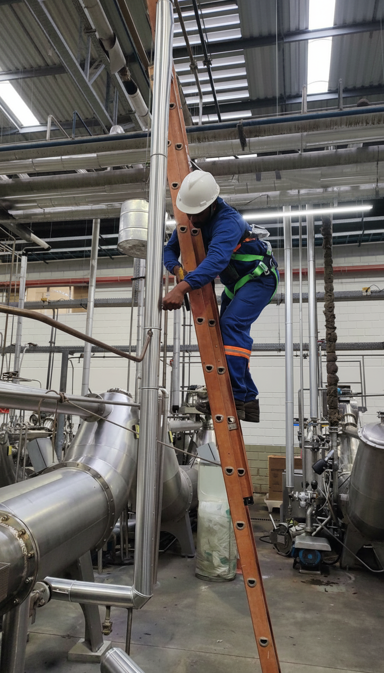 Profissional executando isolamento em tubulação industrial sem identificação de logo
